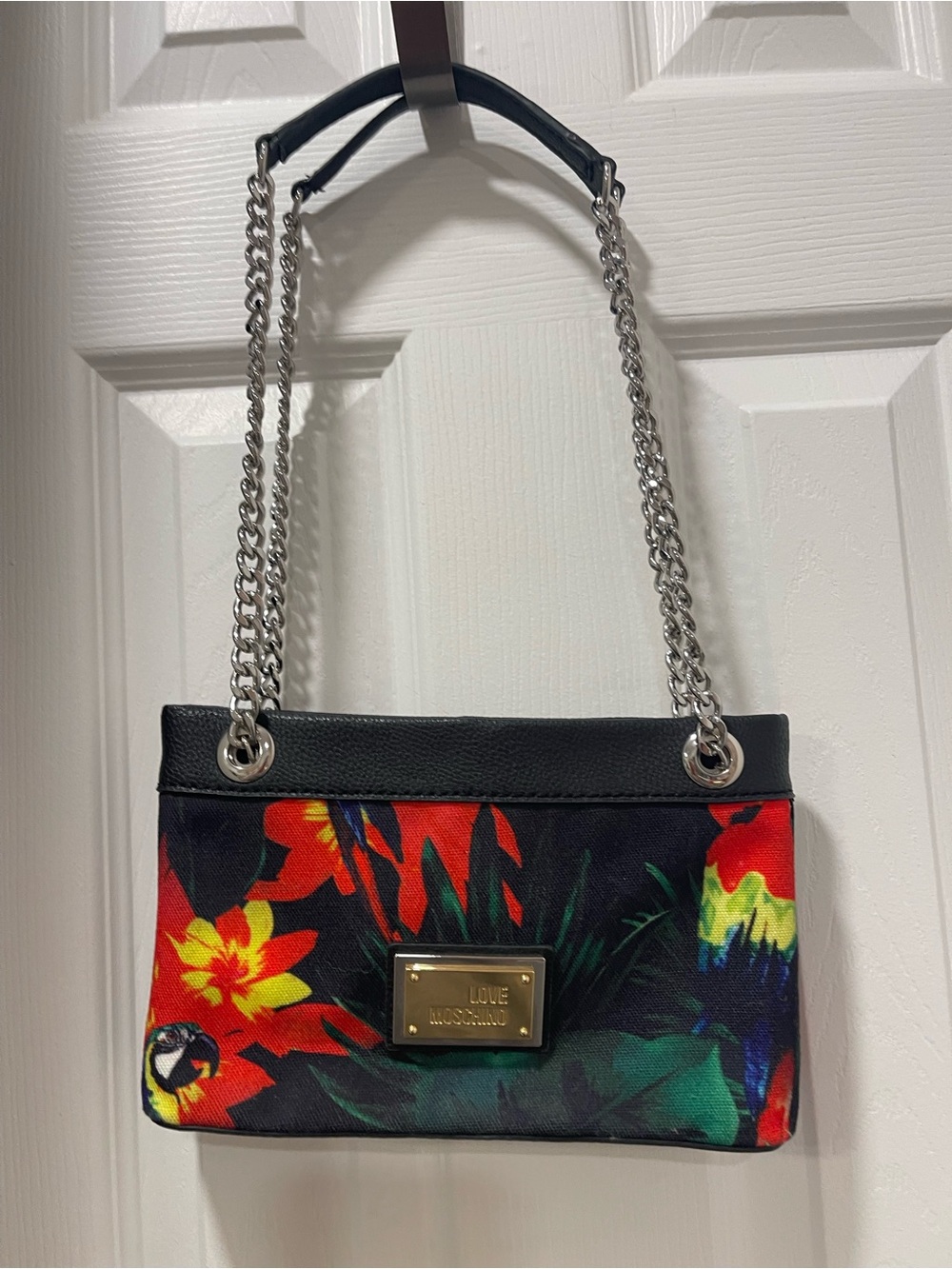 Love Moschino Black Floral Shoulder Bag with Silver Chains